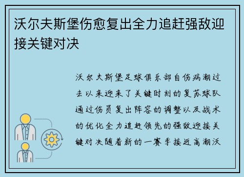 沃尔夫斯堡伤愈复出全力追赶强敌迎接关键对决