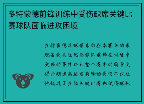 多特蒙德前锋训练中受伤缺席关键比赛球队面临进攻困境