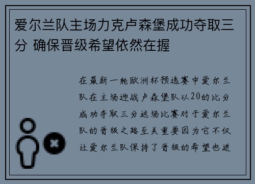 爱尔兰队主场力克卢森堡成功夺取三分 确保晋级希望依然在握