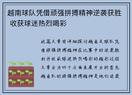 越南球队凭借顽强拼搏精神逆袭获胜 收获球迷热烈喝彩