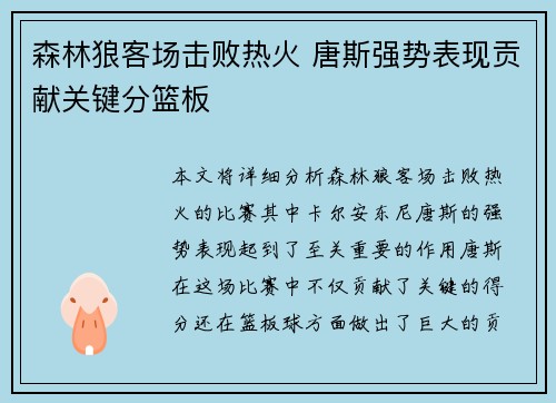 森林狼客场击败热火 唐斯强势表现贡献关键分篮板