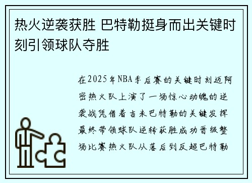 热火逆袭获胜 巴特勒挺身而出关键时刻引领球队夺胜