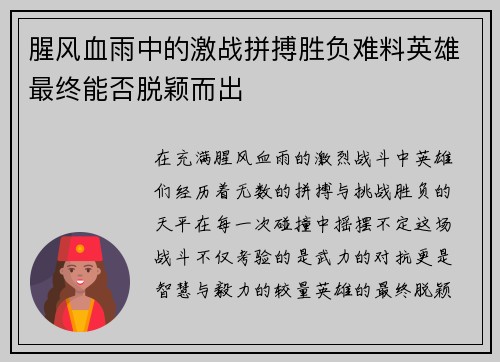 腥风血雨中的激战拼搏胜负难料英雄最终能否脱颖而出